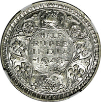 India-British George VI Silver 1943 (B) 1/2 Rupee DOT NGC AU55 KM# 552 (001)