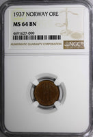 Norway Haakon VII Bronze 1937 1 Ore NGC MS64 BN TOP GRADED BY NGC KM# 367 (099)