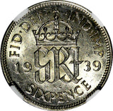GREAT BRITAIN George VI Silver 1939 6 Pence NGC AU58  KM# 852 (179)
