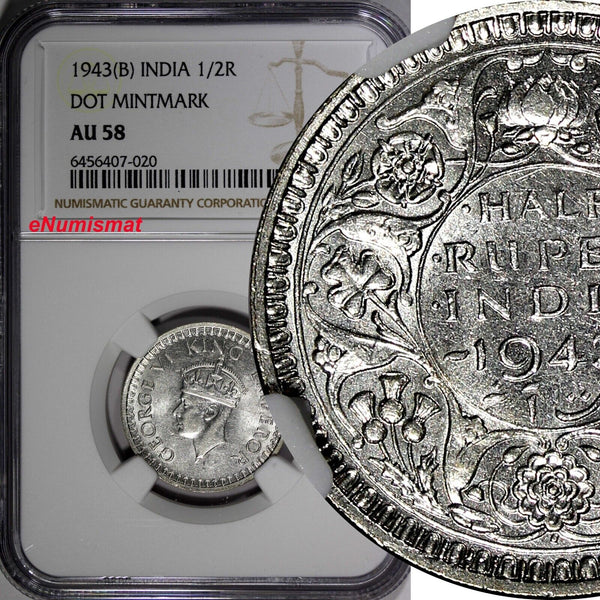 India-British George VI Silver 1943 (B) 1/2 Rupee DOT NGC AU58 KM# 552 (020)