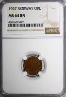 Norway Haakon VII Bronze 1947 1 Ore NGC MS64 BN TOP GRADED BY NGC KM# 367 (097)
