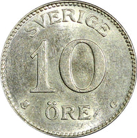 SWEDEN Gustaf V Silver 1935 G 10 Öre HIGH GRADE KM# 780 (21 900)