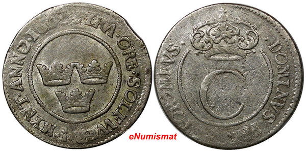 SWEDEN Carl XII Silver 1667 4 Ore First Date Mintage-473,000 SCARCE KM# 257 (05)