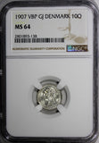 Denmark Frederik VIII Silver 1907 VBP GJ 10 Ore NGC MS64 BETTER DATE KM# 807 (8)