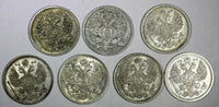RUSSIA Nicholas II Silver LOT OF 7 COINS 1907-1914 20 Kopecks Y# 22a.1