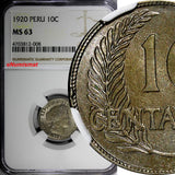 PERU Copper-Nickel 1920 10 Centavos NGC MS63 KM# 214.1  (008)