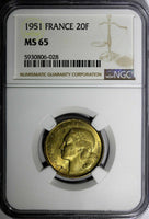 FRANCE Aluminum-Bronze 1951 20 Francs NGC MS65 Rooster KM# 917.1 (028)