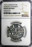 Germany Silver PROOF 1927 A 3 Reichsmark Marburg Univer.NGC PROOF DET.KM# 53/019
