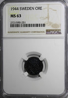 SWEDEN Gustaf V IRON 1944 1 ORE NGC MS63 1 GRADED HIGHER WWII Issue  KM# 810