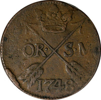 Sweden Frederick I 1748 2 Ore, S.M.Avesta Mint.Mintage-461,000 KM# 437 (14 597)