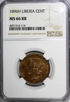 Liberia Bronze 1896 H 1 Cent NGC MS66 RB Nice Mint Luster TOP GRADED BY NGC KM 5