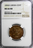 Liberia Bronze 1896 H 1 Cent NGC MS66 RB Nice Mint Luster TOP GRADED BY NGC KM 5