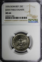 DOMINICAN REPUBLIC 1976 25 Centavos NGC MS64 Death of Juan Pablo Duarte KM43(4)