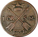 Sweden Frederick I Copper 1731 S.M. 1 ORE Early Date Type KM#416.1  (21 353)