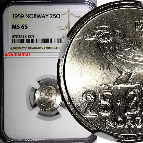 Norway Olav V Copper-Nickel 1959 25 Ore NGC MS65 LIGHT TONED KM# 407 (007)