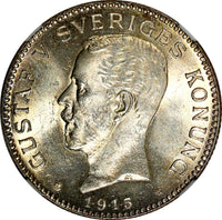 SWEDEN Gustaf V Silver 1915 W 1 Krona NGC MS63 NICE TONED KM# 786.1 (035)