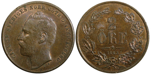 Sweden Carl XV Adolf Bronze 1863 2 Öre Nice RED-BROWN UNC KM# 706 (21 945)