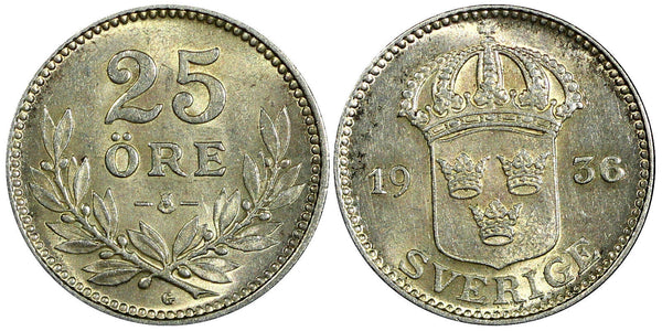 Sweden Gustaf V Silver 1936 G  25 Öre UNC  KM# 785 (22 050)