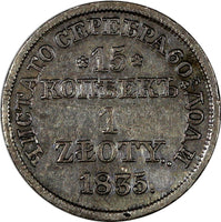 POLAND RUSSIA Nicholas I Silver 1835 MW 1 Zloty 15 Kopecks Toned Bit-1165 C# 129