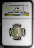 Sarawak Silver Charles V. Brooke 1927 H 20 Cents NGC XF45 1 YEAR SCARCE KM# 17a