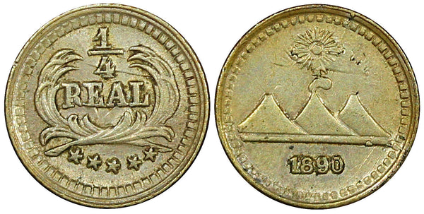 Guatemala Silver 1890 1/4 Real  sun above 3 volcanoes  KM# 158 (22 691)