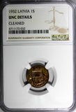 Latvia Bronze 1932 1 Santims NGC UNC DET.Struck at Switzerland. KM# 1 (032)