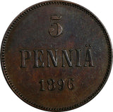 Finland Nicholas II Copper 1896 5 Penniä Mintage-410,000 1st Date KM# 15  (730)
