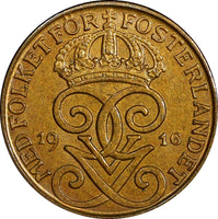 SWEDEN Gustaf V Bronze 1916 1 Öre Short "6" BU Condition KM# 777.2 (21 922)