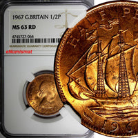 GREAT BRITAIN Elizabeth II 1967 1/2 Penny NGC MS63 RD FULL RED TONING KM# 896(4)