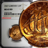GREAT BRITAIN Elizabeth II 1967 1/2 Penny NGC MS63 RD FULL RED TONING KM# 896(4)