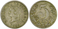 Colombia 1886 5 Centavos VF Toned KM# 183.1 (683)