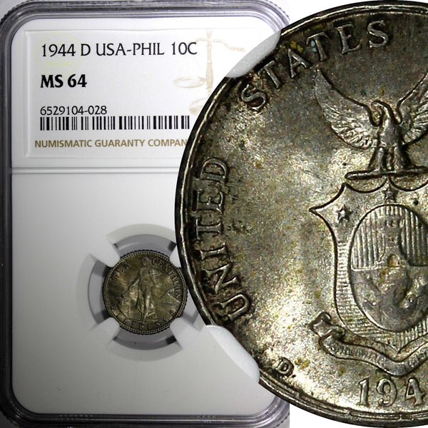 Philippines Silver 1944 D 10 Centavos NGC MS64 Toned KM# 181 (28)