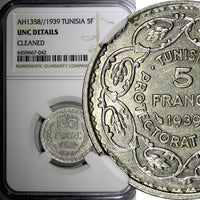 Tunisia Silver AH1358 // 1939 5 Francs NGC UNC DETAILS KM# 264 (042)