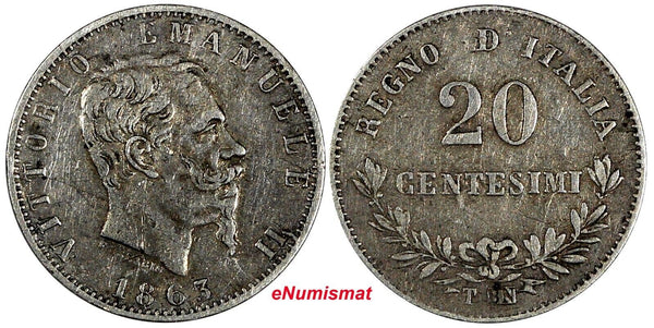 Italy Vittorio Emanuele II Silver 1863 T BN 20 Centesimi KM# 13.2 (20 338)