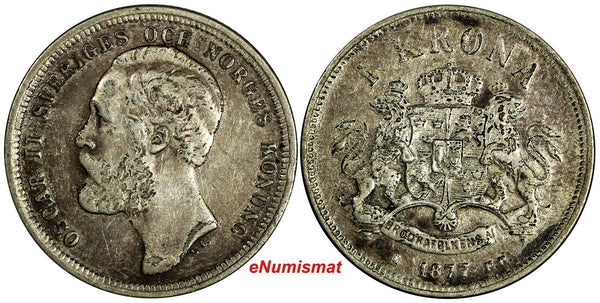 Sweden Oscar II Silver 1877 EB 1 Krona Mintage-554,000 1ST DATE TYPE KM# 747 (5)