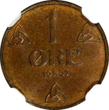 Norway Haakon VII Bronze 1937 1 Ore NGC MS64 BN TOP GRADED BY NGC KM# 367