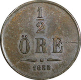 SWEDEN Oscar I Bronze 1858/7 1/2 Öre Overdate Last Year Type UNC KM# 686 (847)