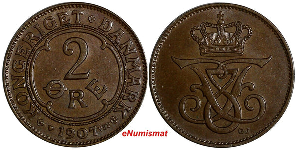 Denmark Frederik VIII Bronze 1907 VBP GJ 2 Ore Ch UNC  KM# 805 (15 048)