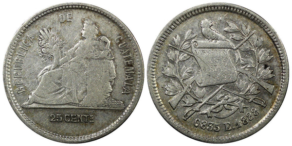 Guatemala Silver 1888 E 25 Centavos SCARCE VARIETY KM# 205.1 (22 590)