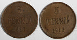 Finland Nicholas II Copper LOT OF 2 COINS 1916 5 Penniä KM# 15 (19 729)