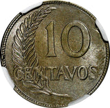 PERU Copper-Nickel 1920 10 Centavos NGC MS63 KM# 214.1