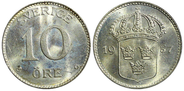 SWEDEN Gustaf V Silver 1937 G 10 Öre BU Nice Toned KM# 780 (21 895)