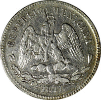 MEXICO Silver 1871 ZS H 25 Centavos Zacatecas Mint-250,000 SCARCE KM#406.9 (108)