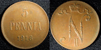 Finland Russian Nicolas II (1895-1917) Copper 1916 5 Pennia KM# 15  (23 732)