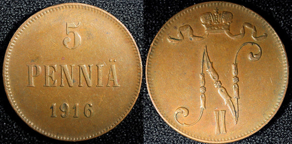 Finland Russian Nicolas II (1895-1917) Copper 1916 5 Pennia KM# 15  (23 732)