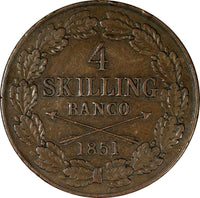 Sweden Oscar I Copper 1851 4 Skilling 37.2 mm Mintage-38,256 KM# 672 (18 073)