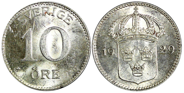 SWEDEN Gustaf V Silver 1929 G 10 Öre Light Toned  KM# 780 (22 136)