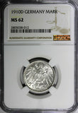 Germany - Empire Wilhelm II Silver 1910 D 1 Mark NGC MS62 Munich Mint KM# 14(12)