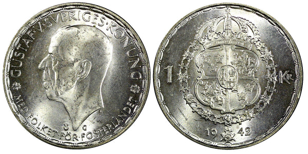 Sweden Gustaf V Silver 1942 G 1 Krona Choice UNC 25mm KM# 814 (22 109)