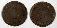 Germany - Empire Wilhelm I Copper LOT OF 2 COINS 1876 D 1 Pfennig  KM# 1 (57)